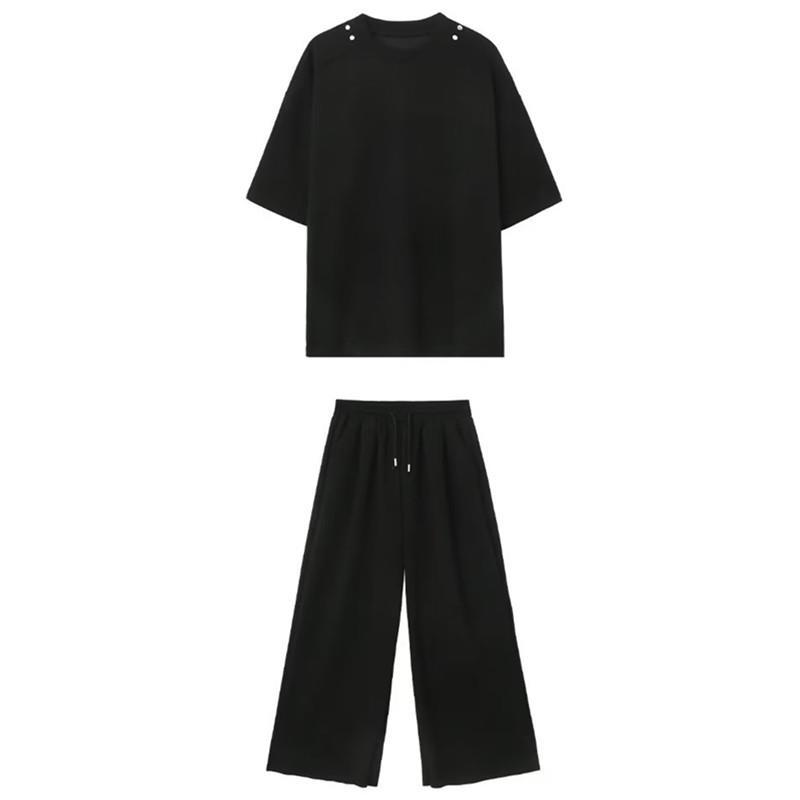 【整套】高街痞帥休閑寬松短袖t恤+運動直筒闊腿褲兩件套
