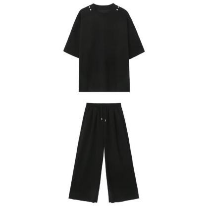 【整套】高街痞帥休閑寬松短袖t恤+運動直筒闊腿褲兩件套