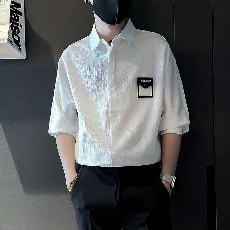 潮流時尚休閒寬鬆痞帥冰絲五分短袖襯衫