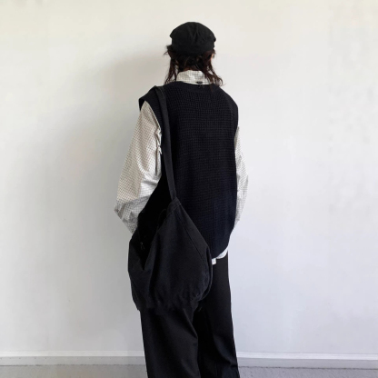 【單件/套裝】日系復古V領針織背心坎肩+條紋襯衫+百搭休閒褲三件套