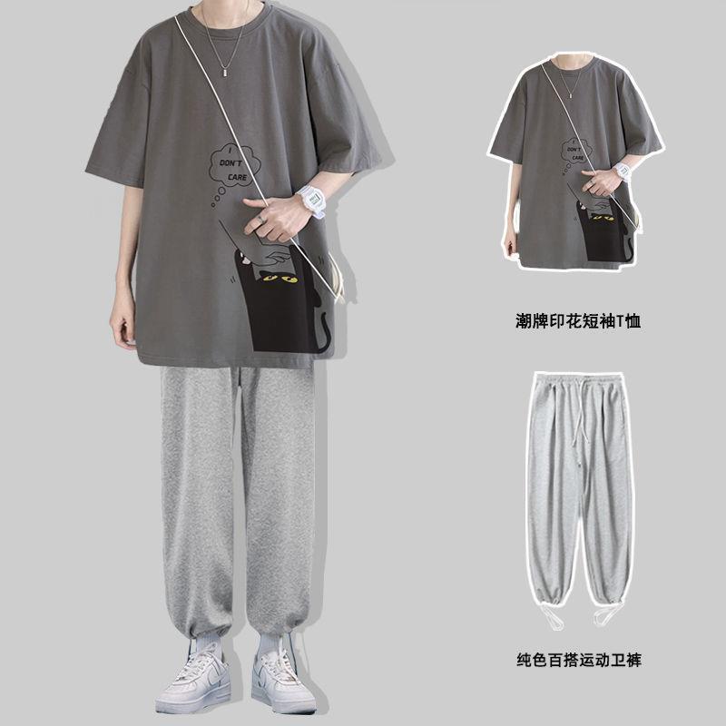 【單件/套裝】ins潮牌貓咪印花短袖t恤+運動束腳褲裝兩件套套裝