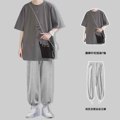 【單件/套裝】ins潮牌貓咪印花短袖t恤+運動束腳褲裝兩件套套裝