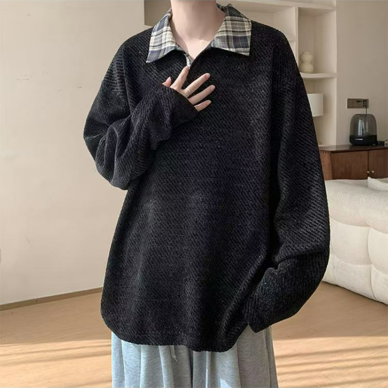 假兩件針織polo打底衫寬鬆大碼長袖t恤