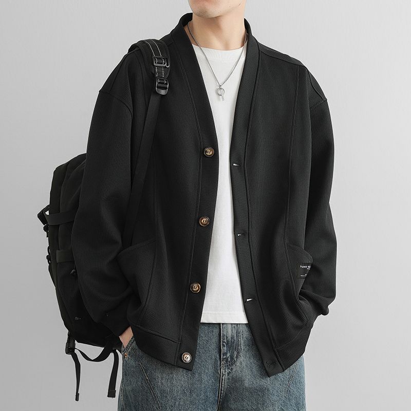 潮流素色簡約寬鬆休閒V領開衫外套