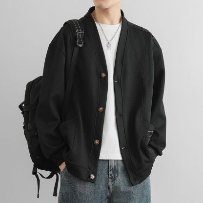 潮流素色簡約寬鬆休閒V領開衫外套