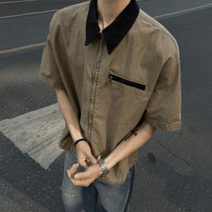 設計感百搭翻領寬鬆工裝拉鍊休閒短袖襯衫