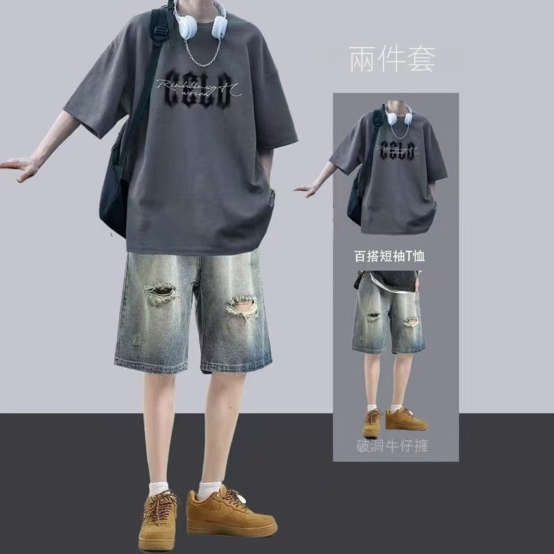 【單件/套裝】酷帥休閒短袖t恤牛仔短褲兩件套