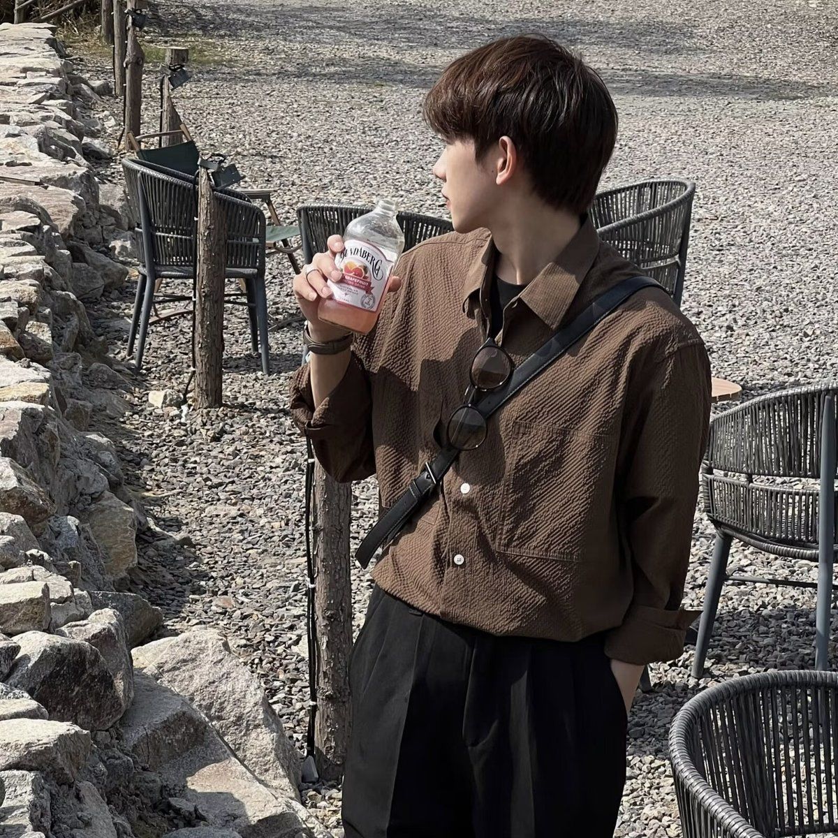 【單件/套裝】韓系時尚咖色泡泡肌理面料襯衫+寬松百搭休閑西褲兩件套