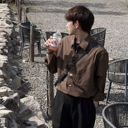 【單件/套裝】韓系時尚咖色泡泡肌理面料襯衫+寬松百搭休閑西褲兩件套