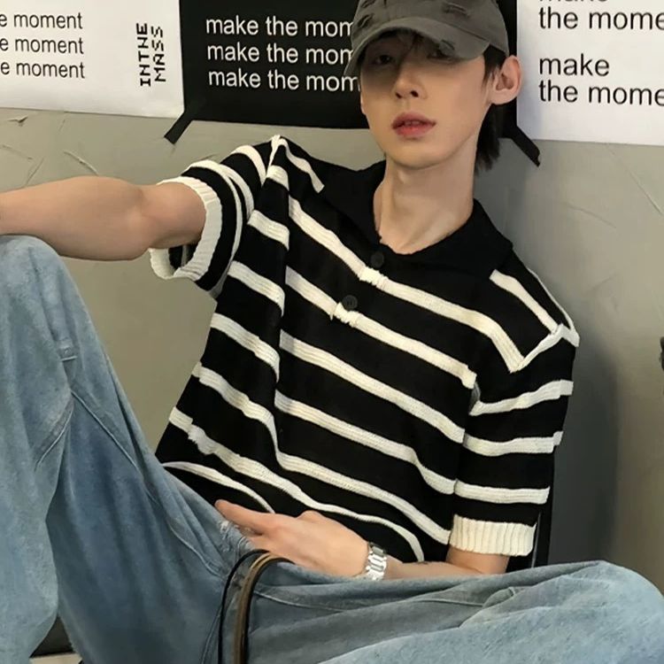 黑白條紋鏤空冰絲針織衫美式翻領polo衫短袖t恤