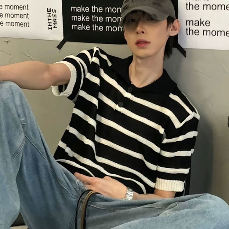 黑白條紋鏤空冰絲針織衫美式翻領polo衫短袖t恤