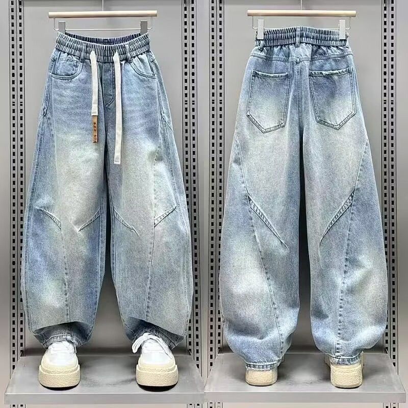大碼直筒寬鬆闊腿褲美式潮流彎刀牛仔長褲