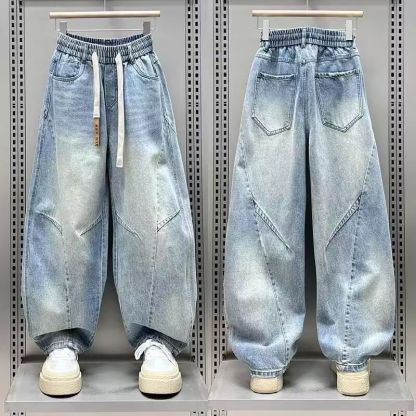 大碼直筒寬鬆闊腿褲美式潮流彎刀牛仔長褲