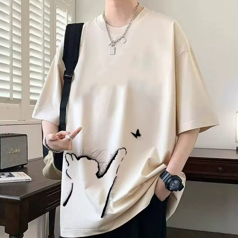 時尚休閒寬鬆潮流貓咪印花情侶短袖T恤