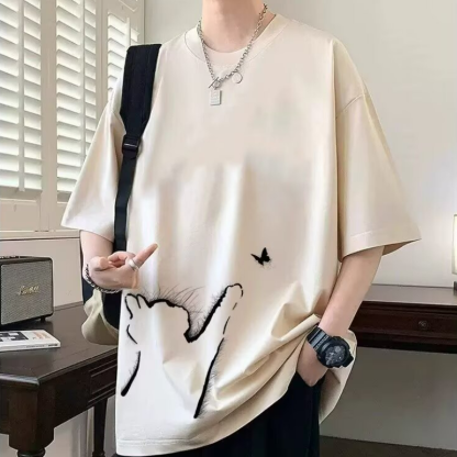 時尚休閒寬鬆潮流貓咪印花情侶短袖T恤