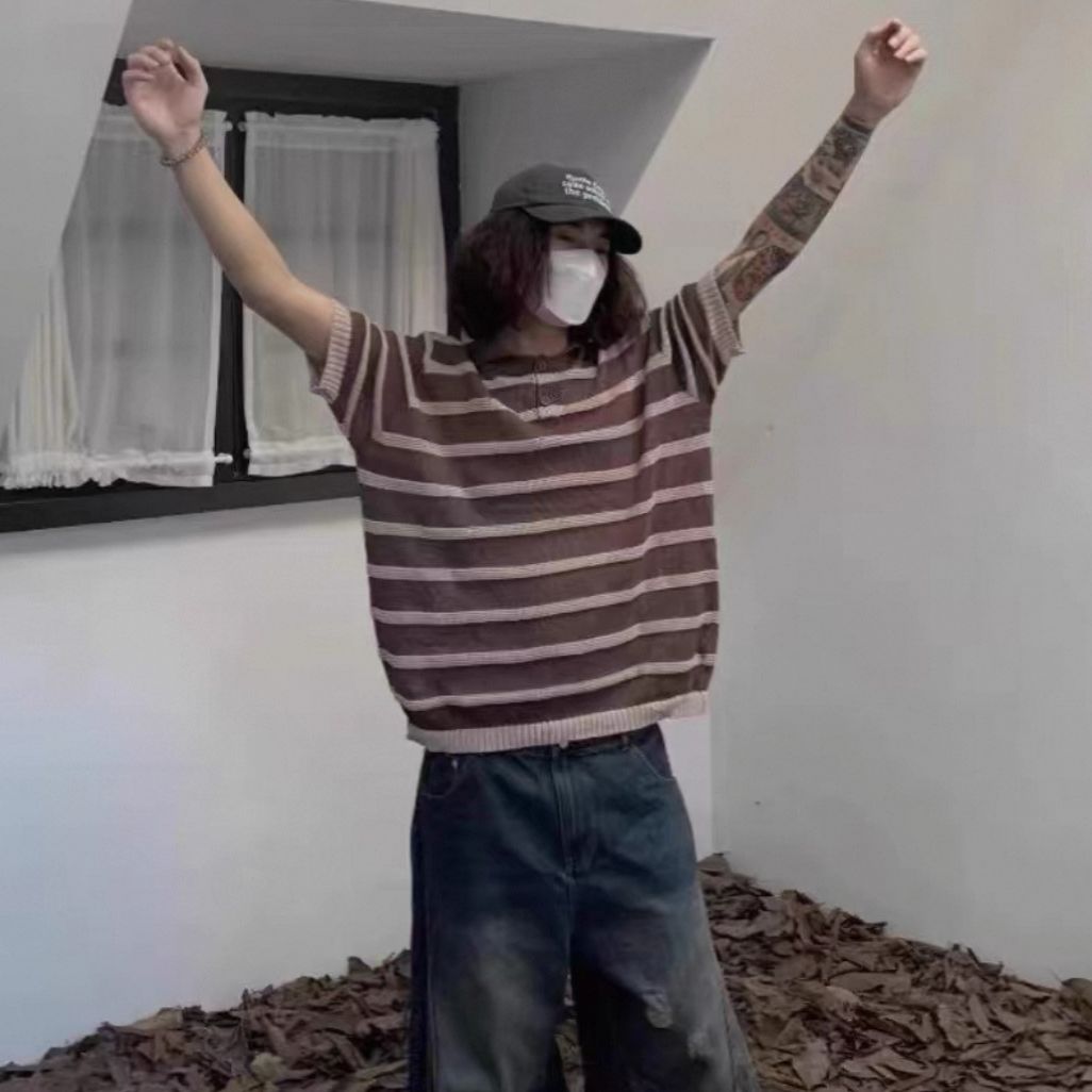 黑白條紋鏤空冰絲針織衫美式翻領polo衫短袖t恤