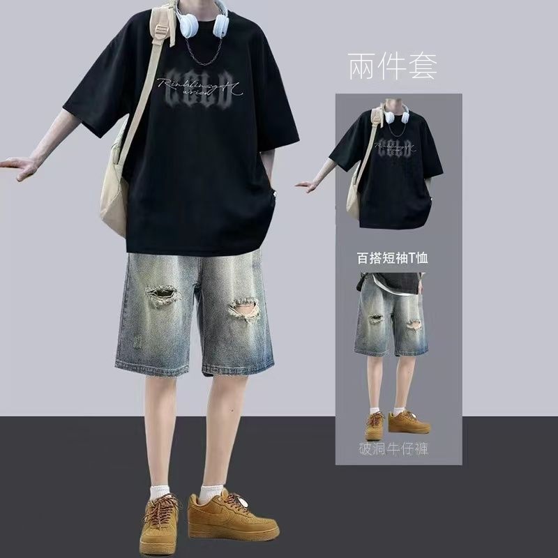 【單件/套裝】酷帥休閒短袖t恤牛仔短褲兩件套