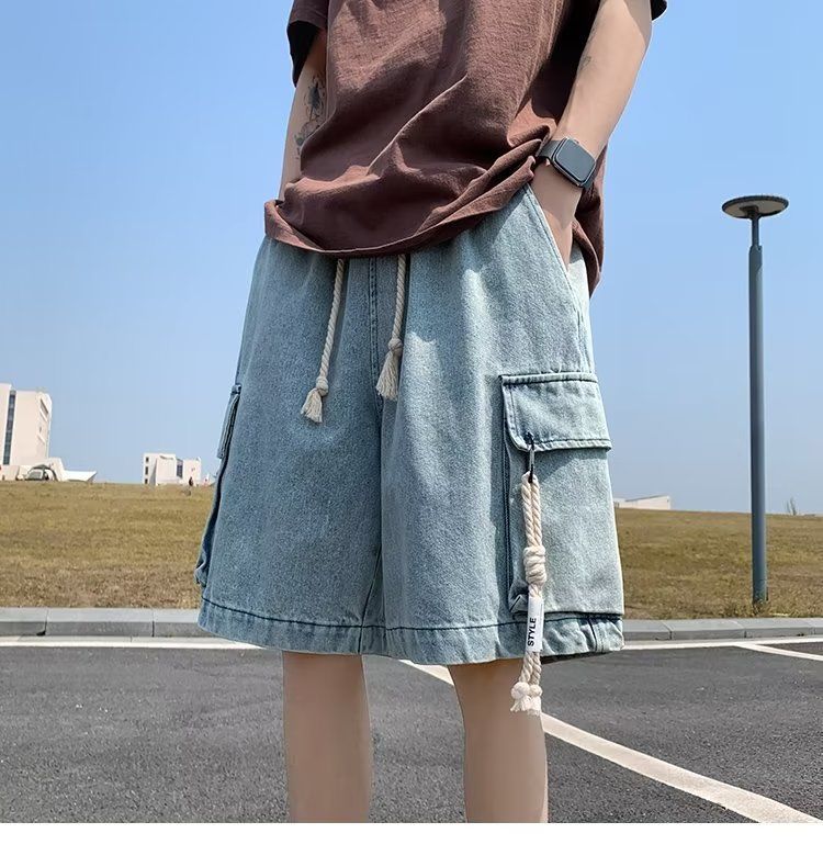 Oversize直筒五分褲港風設計感闊腿牛仔短褲