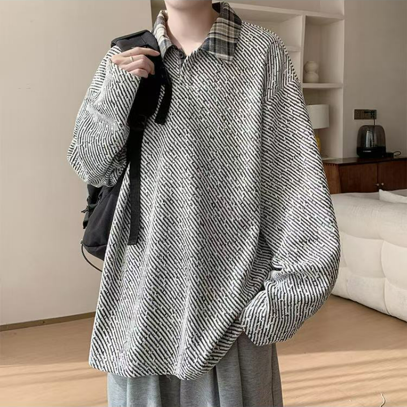 假兩件針織polo打底衫寬鬆大碼長袖t恤