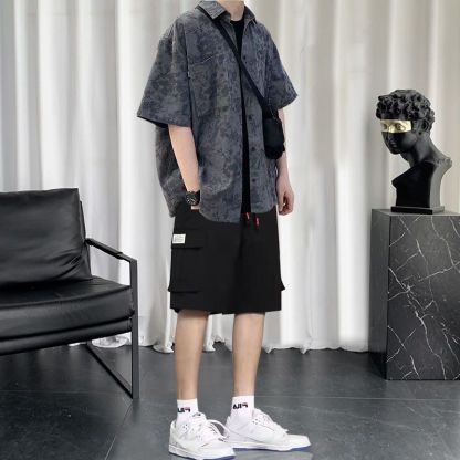 【單件/套裝】港風寬松百搭帥氣短袖襯衫+百搭T恤+休閑五分短褲三件套