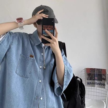 【單件/套裝】美式寬鬆慵懶短袖+牛仔襯衫+休閒褲三件套裝