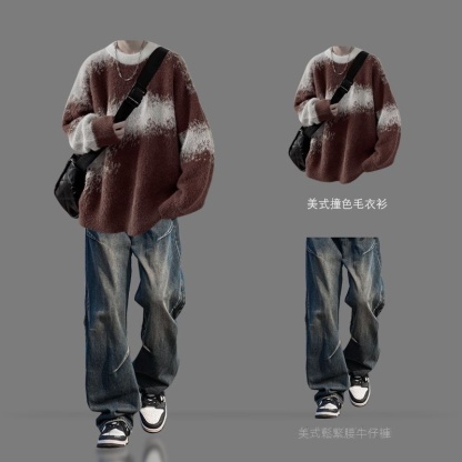 【單件/套裝】Oversize美式復古加厚撞色慵懶風針織毛衣+休閑牛仔褲兩件套