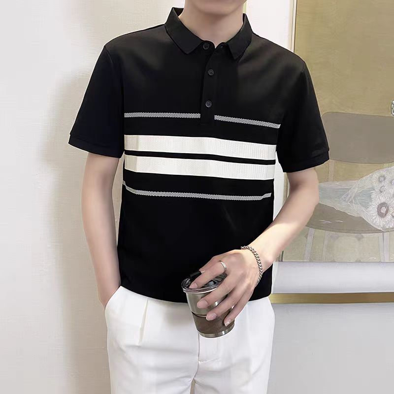 Polo領潮流修身條紋拼接時尚短袖T恤