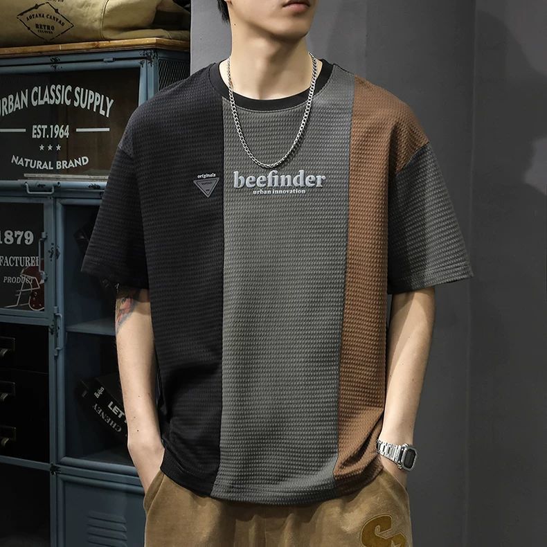 華夫格拼色寬鬆休閒圓運動透氣短袖t恤