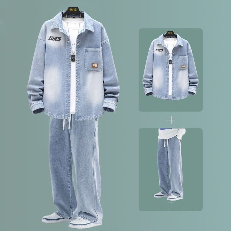 【單件/套裝】牛仔翻領夾克襯衫+系帶牛仔褲裝兩件套套裝