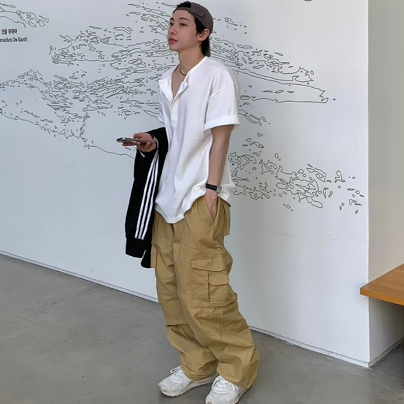 亨利領螺紋華夫格韓版透氣休閒百搭時尚短袖t恤