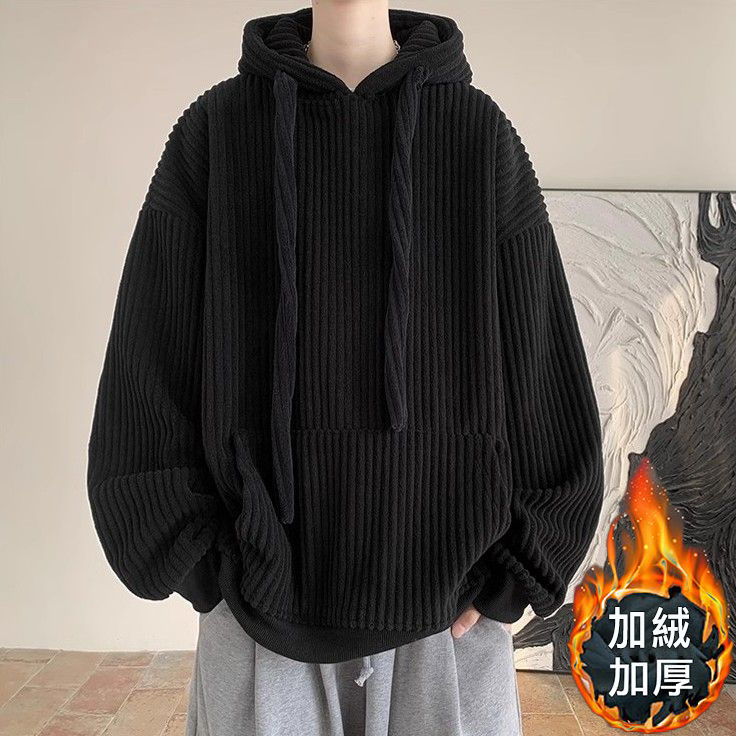 抽繩燈芯絨連帽加絨加厚潮牌衛衣