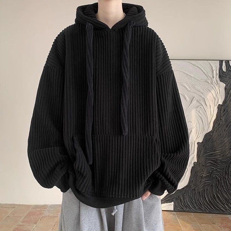 抽繩燈芯絨連帽加絨加厚潮牌衛衣