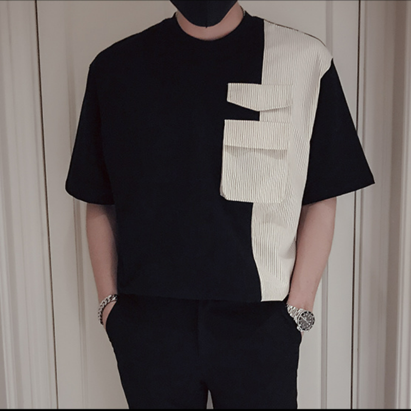 時尚潮流百搭休閒拼接純棉短袖T恤