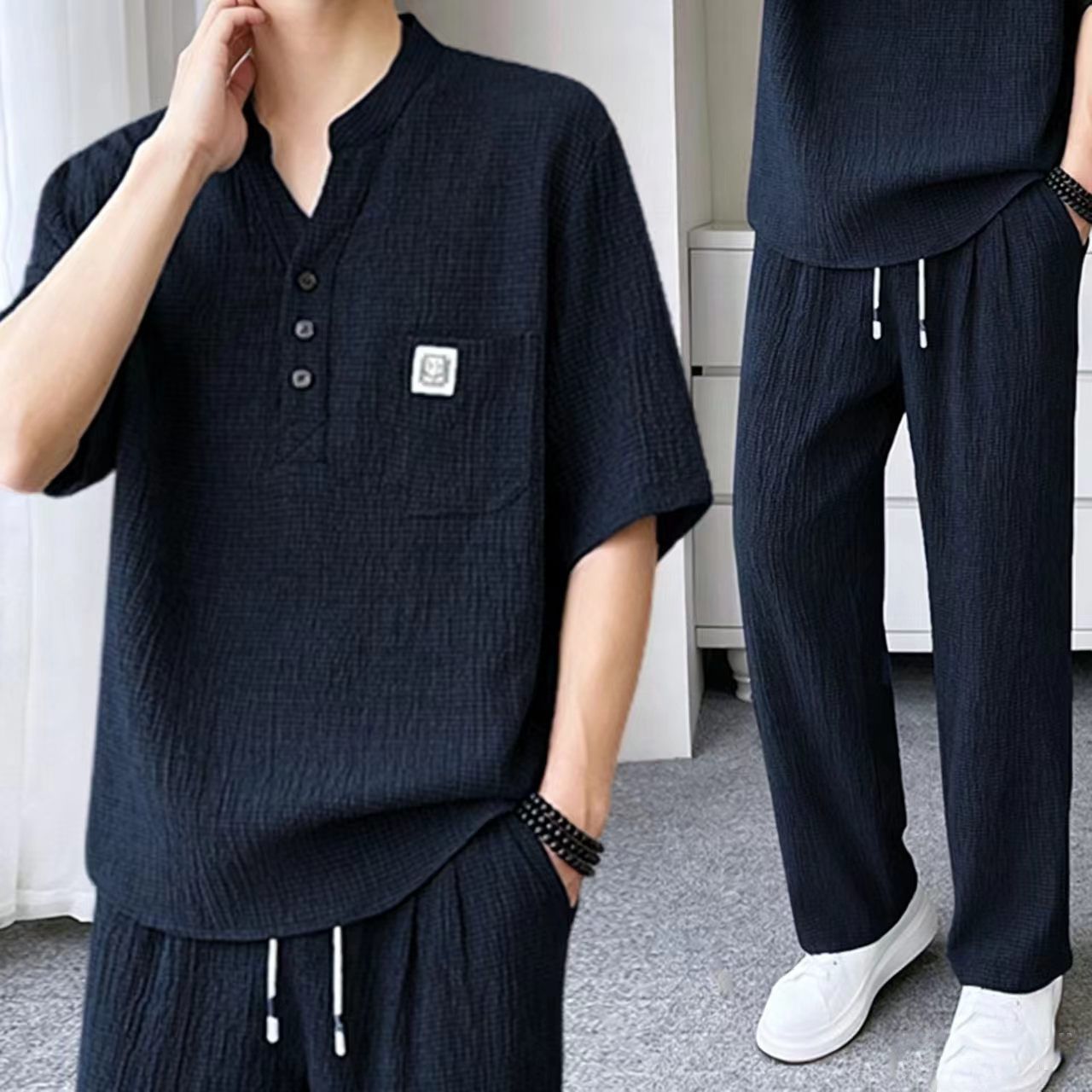 @【整套】新中式V領皺感寬松茶服短袖+薄款休閑長褲兩件套