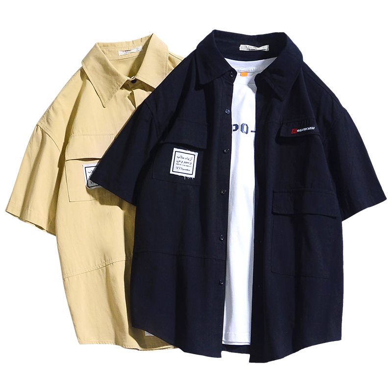 日系工裝短袖復古潮牌港風短袖襯衫
