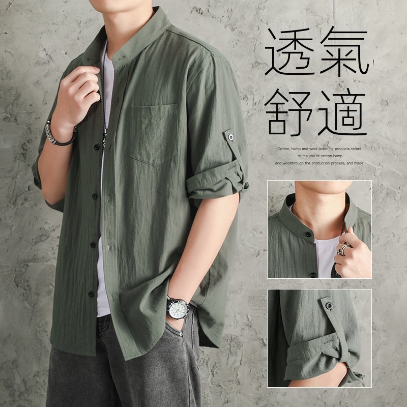 亞麻純色寬鬆國風棉麻休閒七分袖襯衣