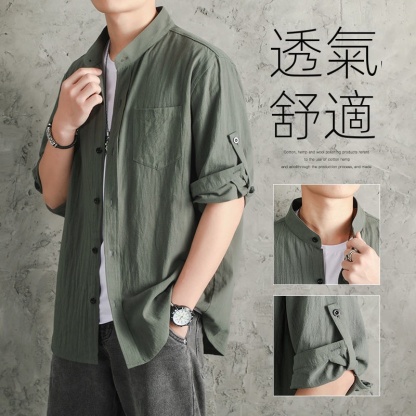 亞麻純色寬鬆國風棉麻休閒七分袖襯衣