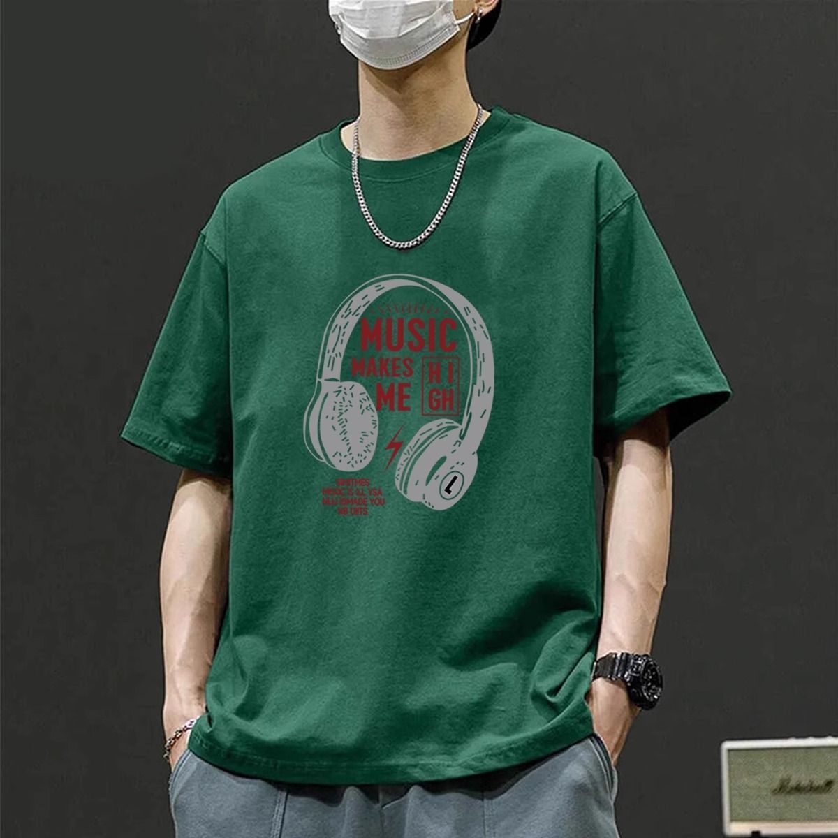 復古百搭大碼寬鬆耳機印花純棉短袖t恤