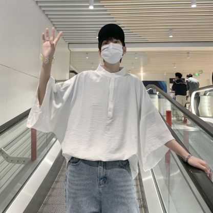 新中式寬鬆顯瘦百搭冰絲五分袖蝙蝠襯衫