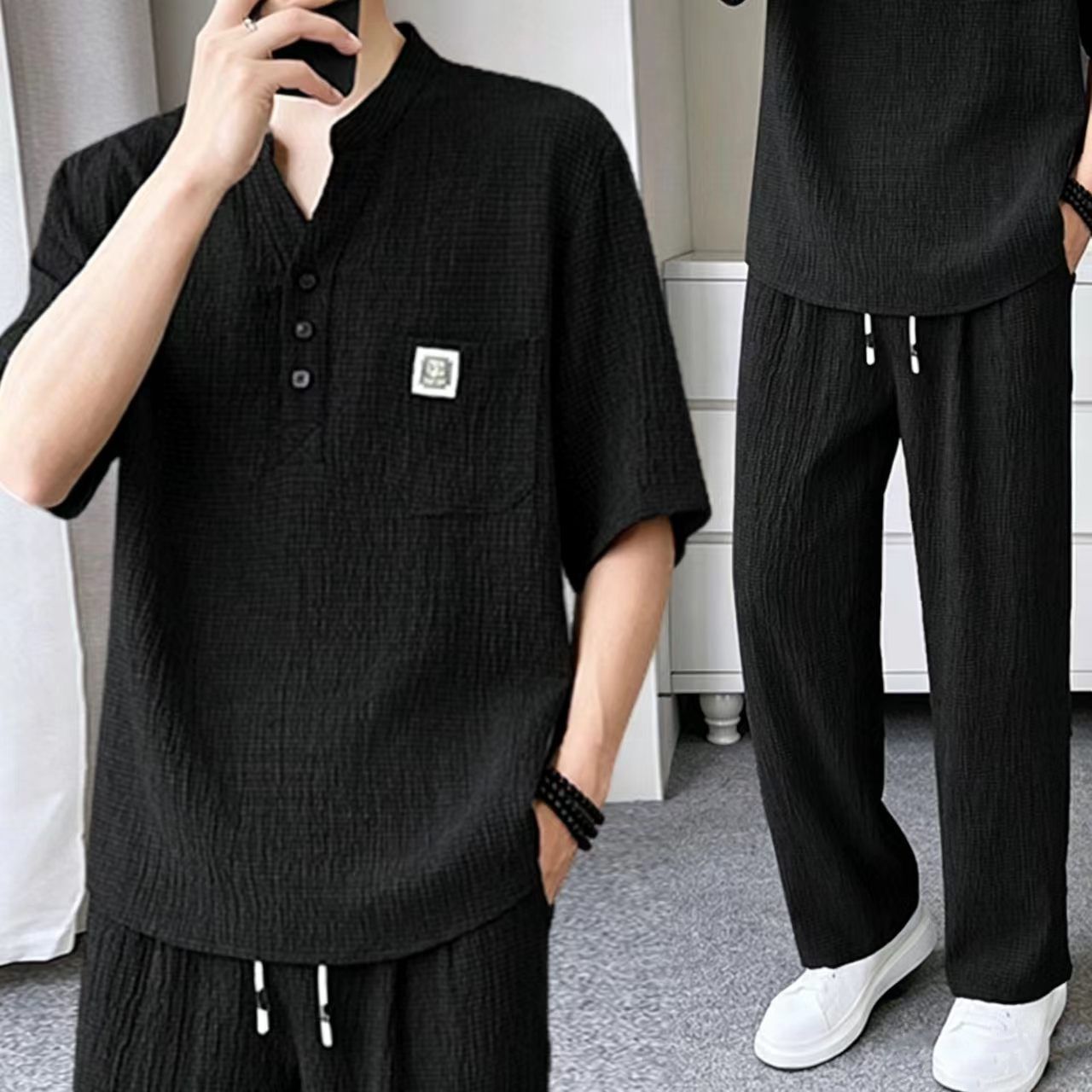 @【整套】新中式V領皺感寬松茶服短袖+薄款休閑長褲兩件套