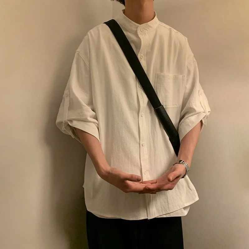 棉麻新中式國風七分袖無領短袖襯衫