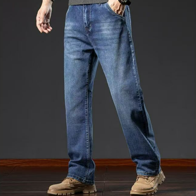 商務寬鬆直筒高彈休閒大碼長款水洗牛仔褲