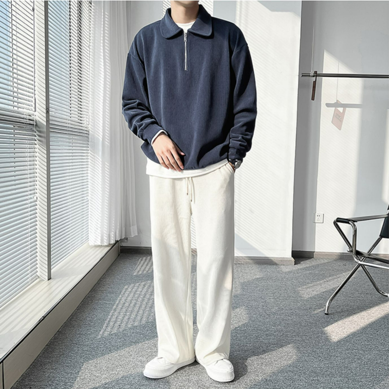 痞帥炸街輕熟風翻領條紋薄半拉鍊長袖polo衫