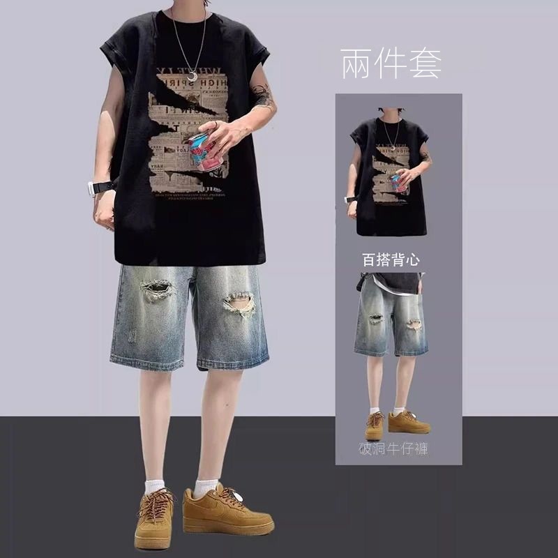 【單件/套裝】潮流寬鬆短袖帥氣牛仔短褲兩件套裝