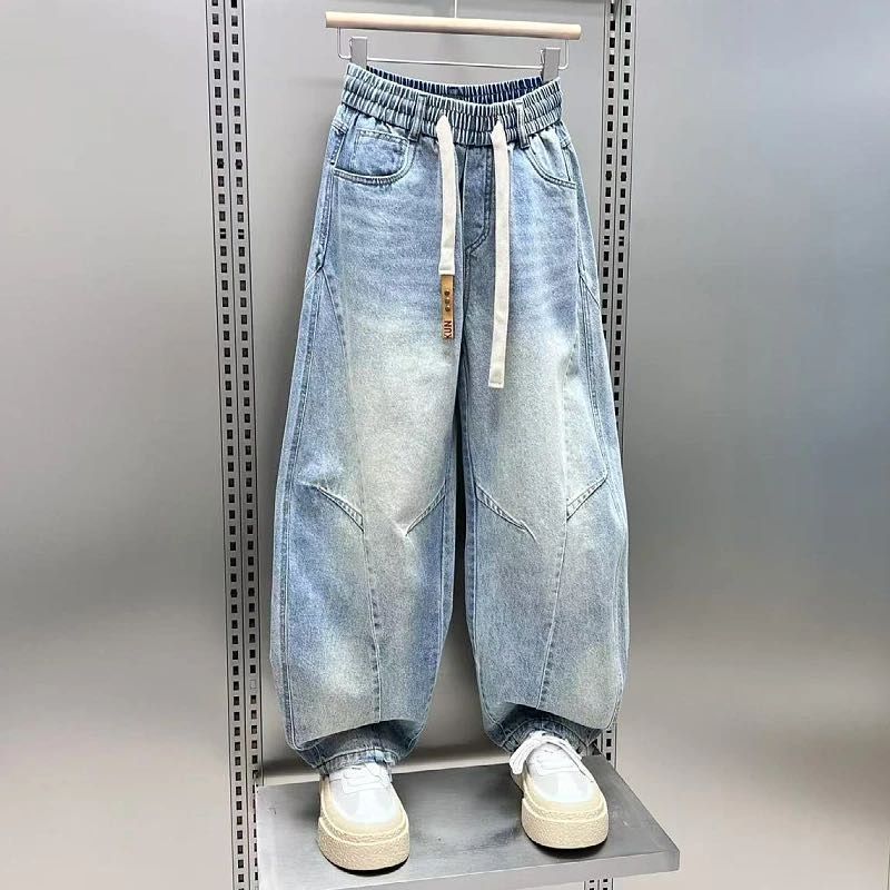 大碼直筒寬鬆闊腿褲美式潮流彎刀牛仔長褲