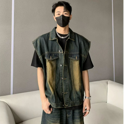 【單件】美式街頭復古水洗馬甲+破洞五分牛仔褲套裝