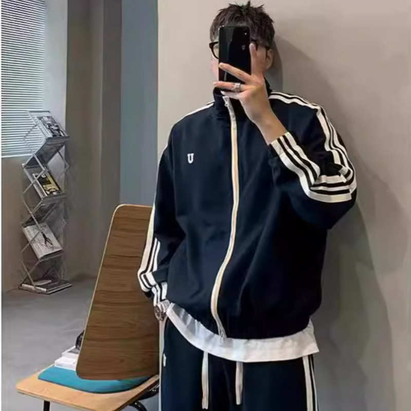 【整套】港式雙桿慵懶運動風情侶長袖外套+休閒寬鬆ins百搭長褲兩件套裝