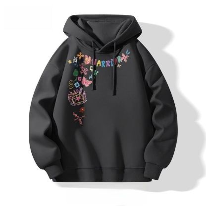 美式塗鴉花卉印花寬鬆休閒連帽情侶衛衣