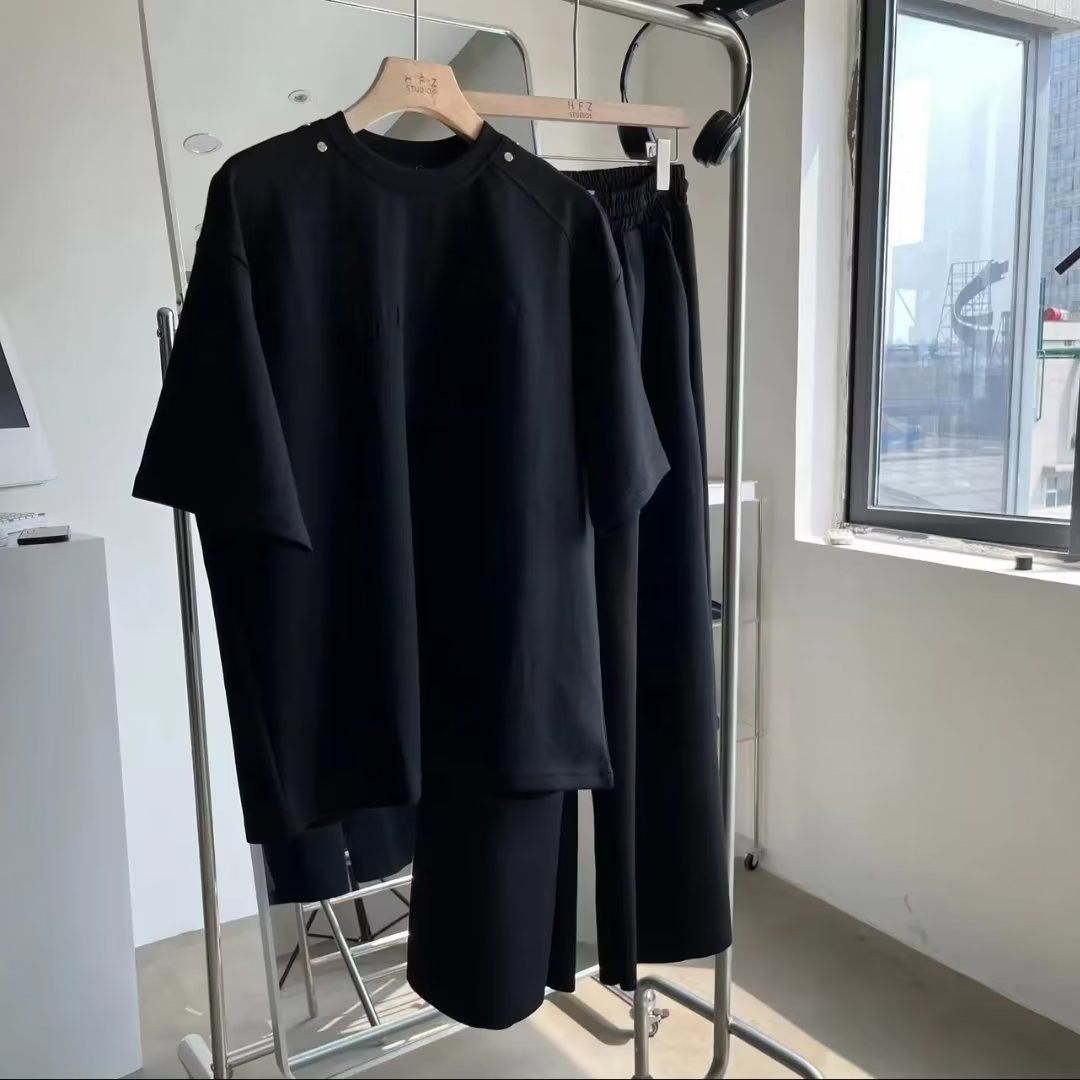 【整套】高街痞帥休閑寬松短袖t恤+運動直筒闊腿褲兩件套