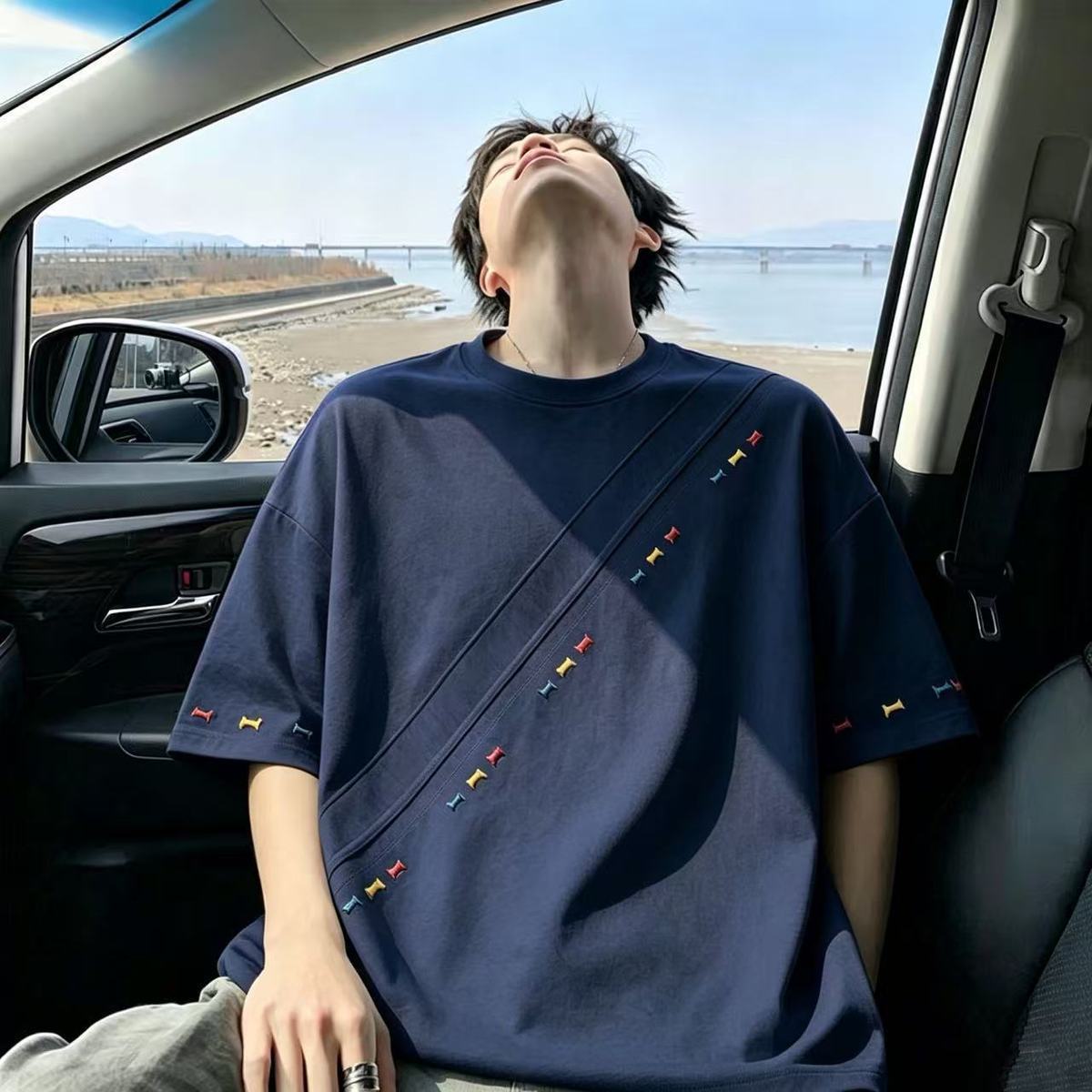 美式潮流高級感刺繡痞帥拼接短袖t恤